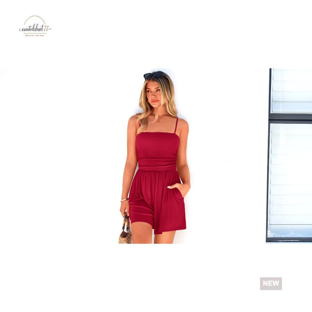 Spaghetti Strap Romper with Pockets, Adjustable Straps, Loose Fit Jumpsuit - Picture 7 of 7